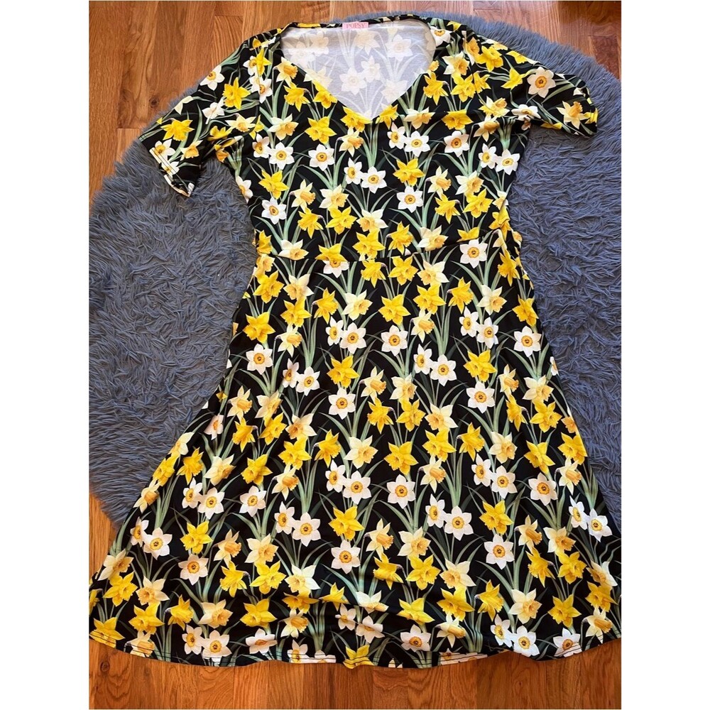 Popsy Black Yellow Floral Daffodil A-Line Belted Midi Dress Size 18